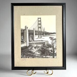 Vintage 80s Martin Tang Framed Golden Gate Bridge San Francisco Signed Print Art